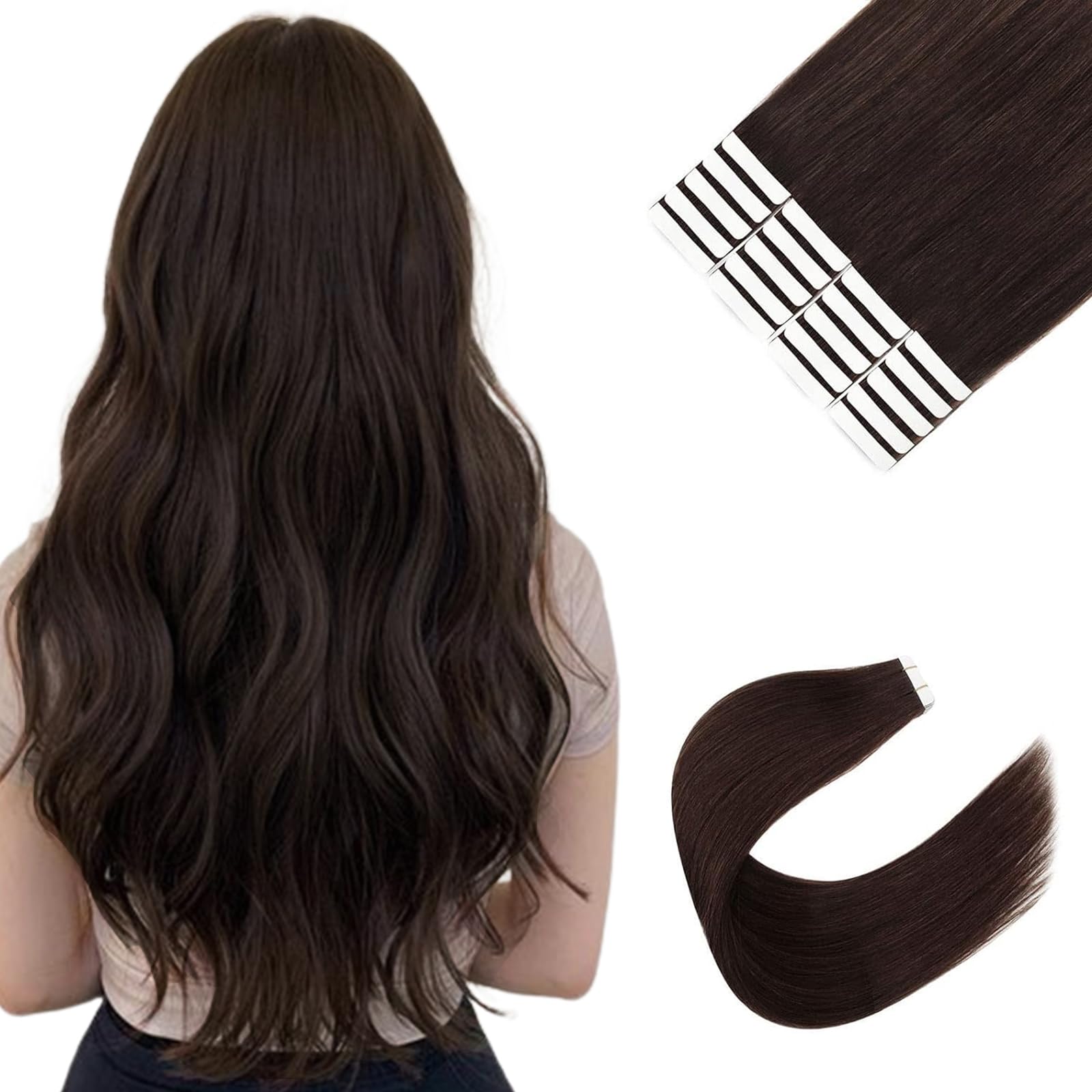 Tape In Human Hair Extensions Remy Human Hair #2 Dark Brown Straight Seamless Skin Weft Tape Ins 14-24 Inch Extensions For Women