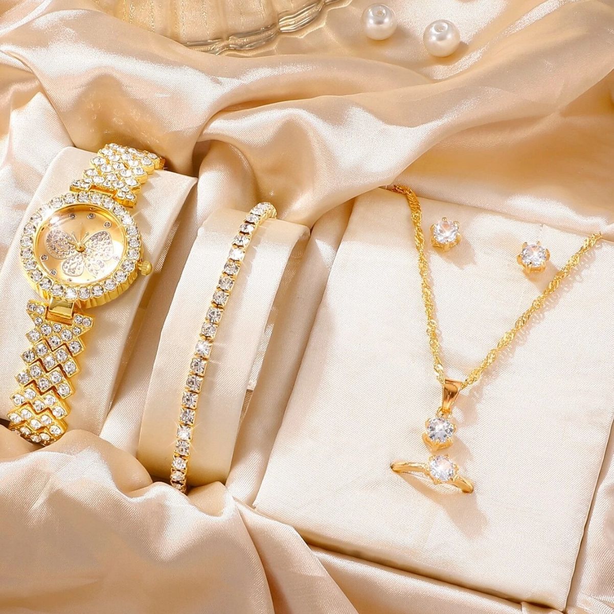 Women's Watch Set 5pcs/set Niche Rhinestone Butterfly Steel Band Watch Earrings Necklace Bracelet Ring Set Women's Watch