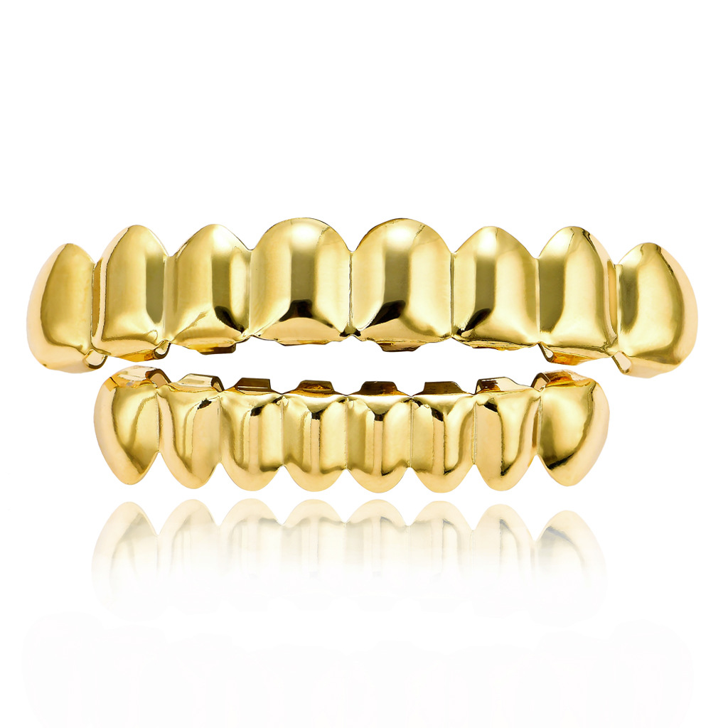 HIPHOP hip hop gold braces upper teeth 8 lower teeth 8 real gold electroplated gold hip hop braces