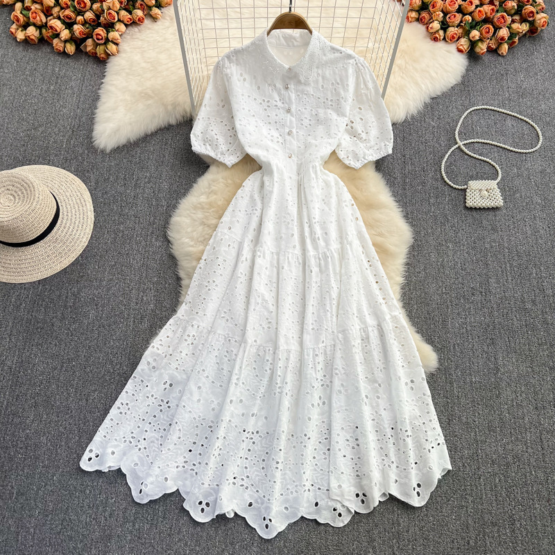 Spring and Autumn Korean Style High Waist Slim Puff Sleeve Doll Collar Dress Elegant Temperament Vacation Swing Long Skirt