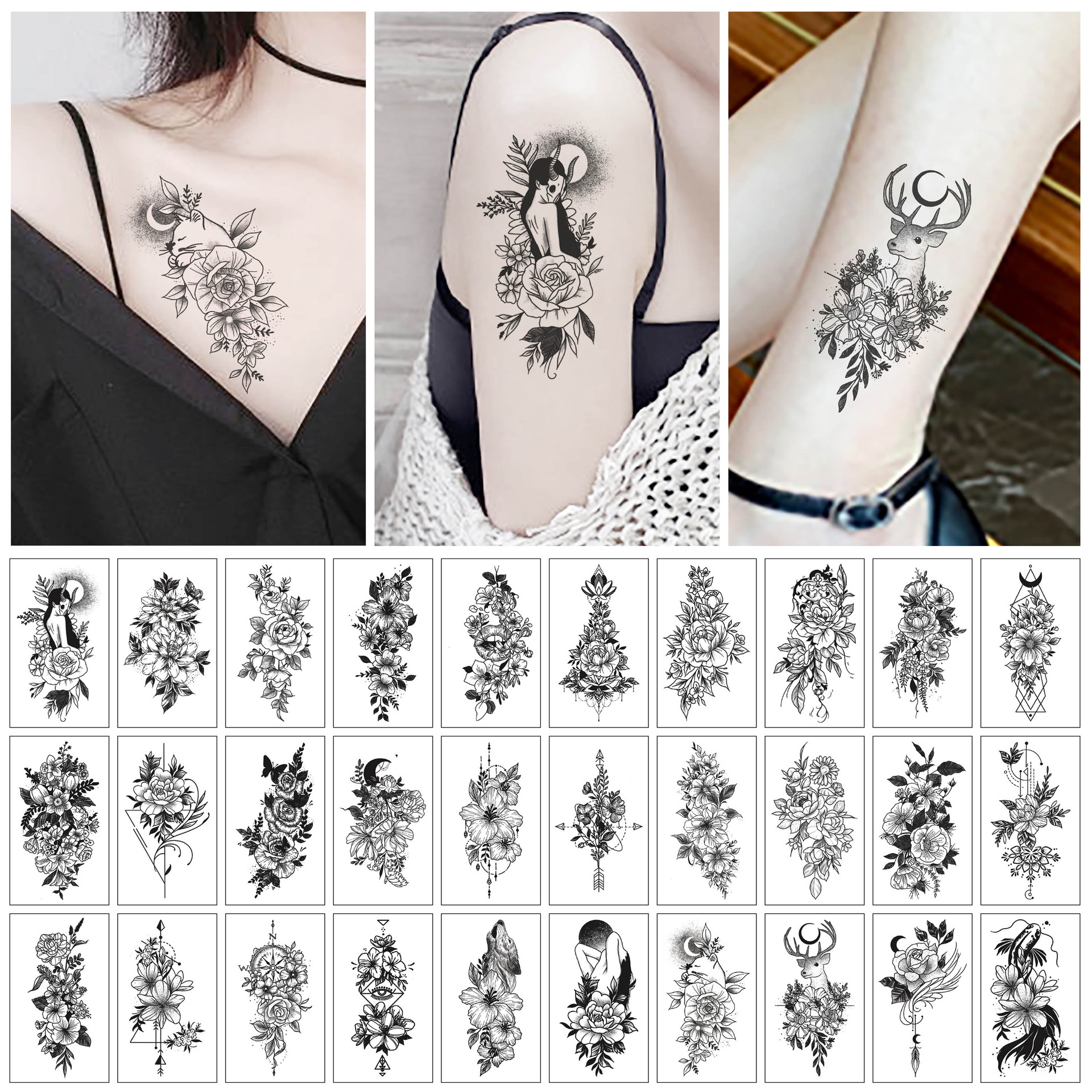 30 Tattoo Stickers, Sketch Flower Butterfly Black and White Rose Temporary Tattoos