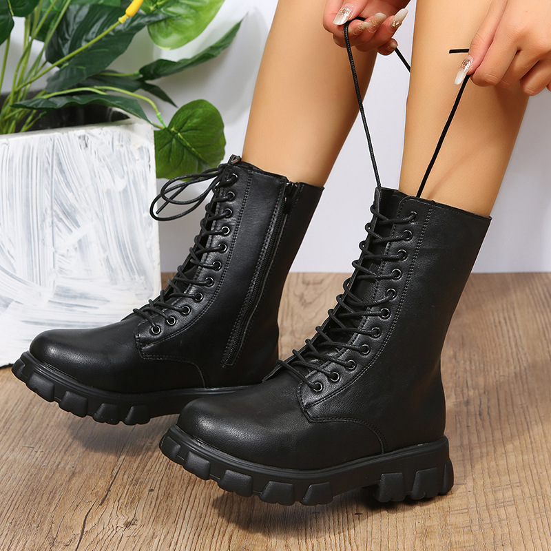 Large Size Autumn and Winter New Foreign Trade Korean Style Martin Boots Women's Round Thick Bottom Fashion Boots British Fan Car Boots Women's Cross-