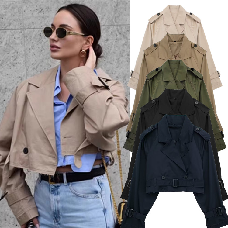 Women's Short Trench Coat – Slim Fit Casual Blazer Jacket With Belt, Double Breasted, (Black, Khaki, Dark Brown, Navy, Army Green)​