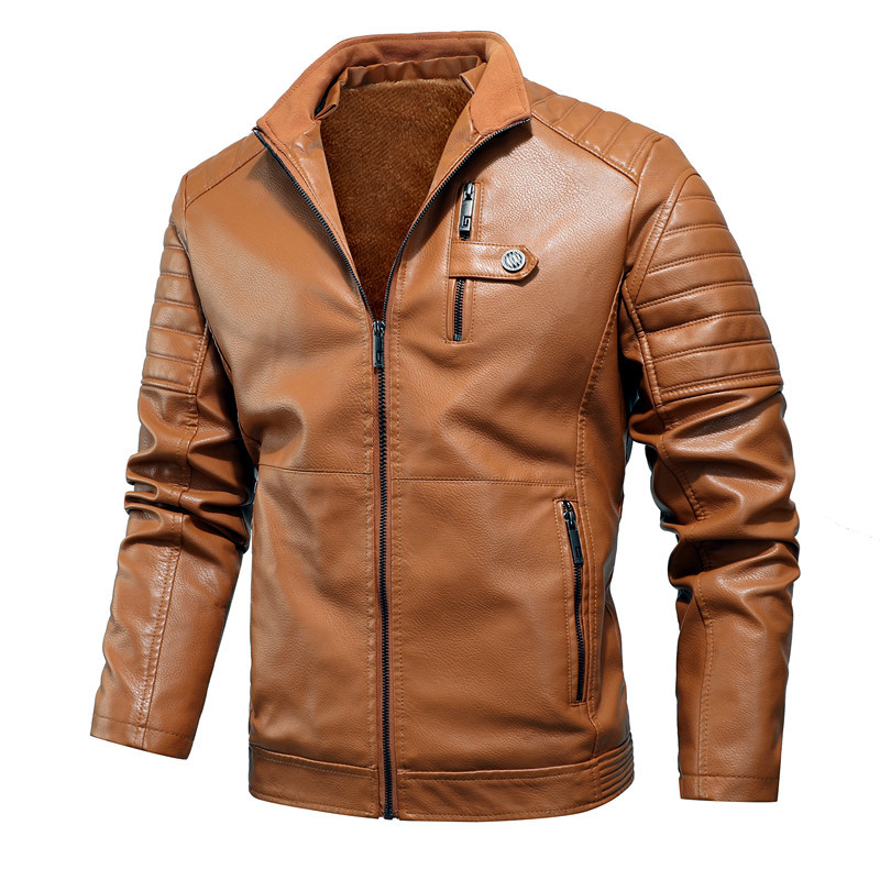 Men's Clothing New autumn and winter men's plush leather jackets, young men's casual stand up collar men's workwear leather jackets
