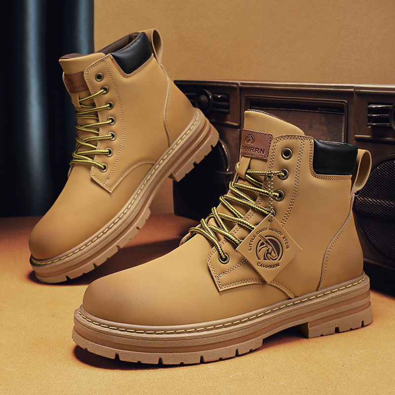 New leather high top boots men's British vintage leather boots big yellow boots