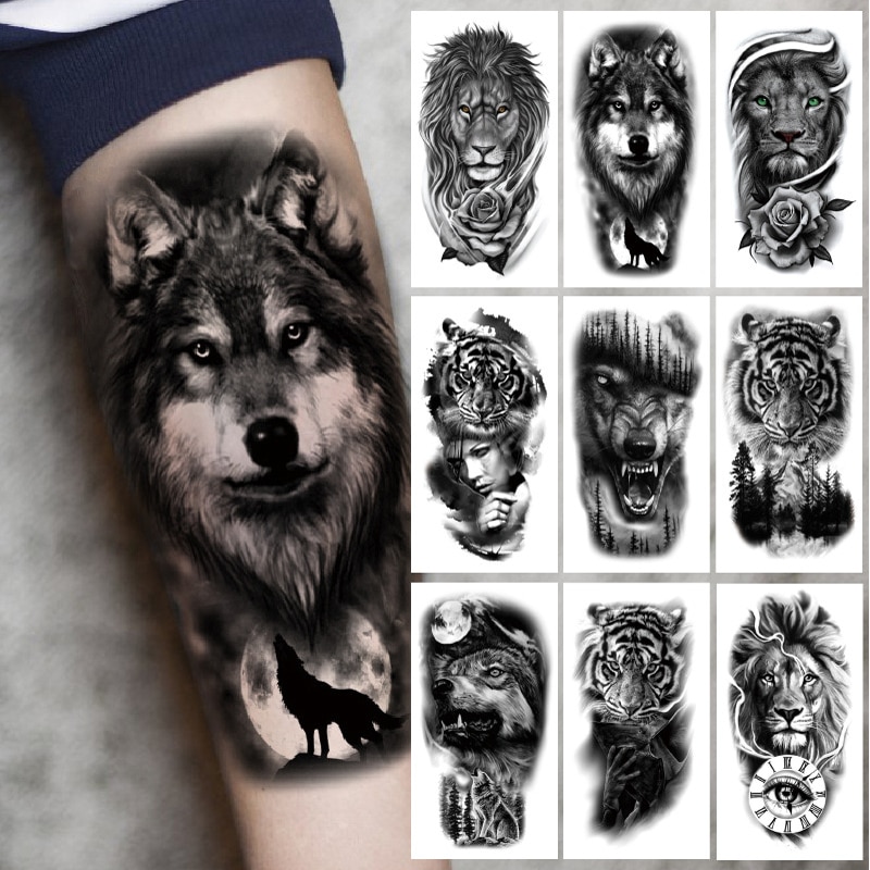 Upper Arm Sleeve Tattoo Crown Lion Tiger Wolf Head Waterproof Temporary Tattoo Stickers Body Art Fake Tattoo For Women Men Male