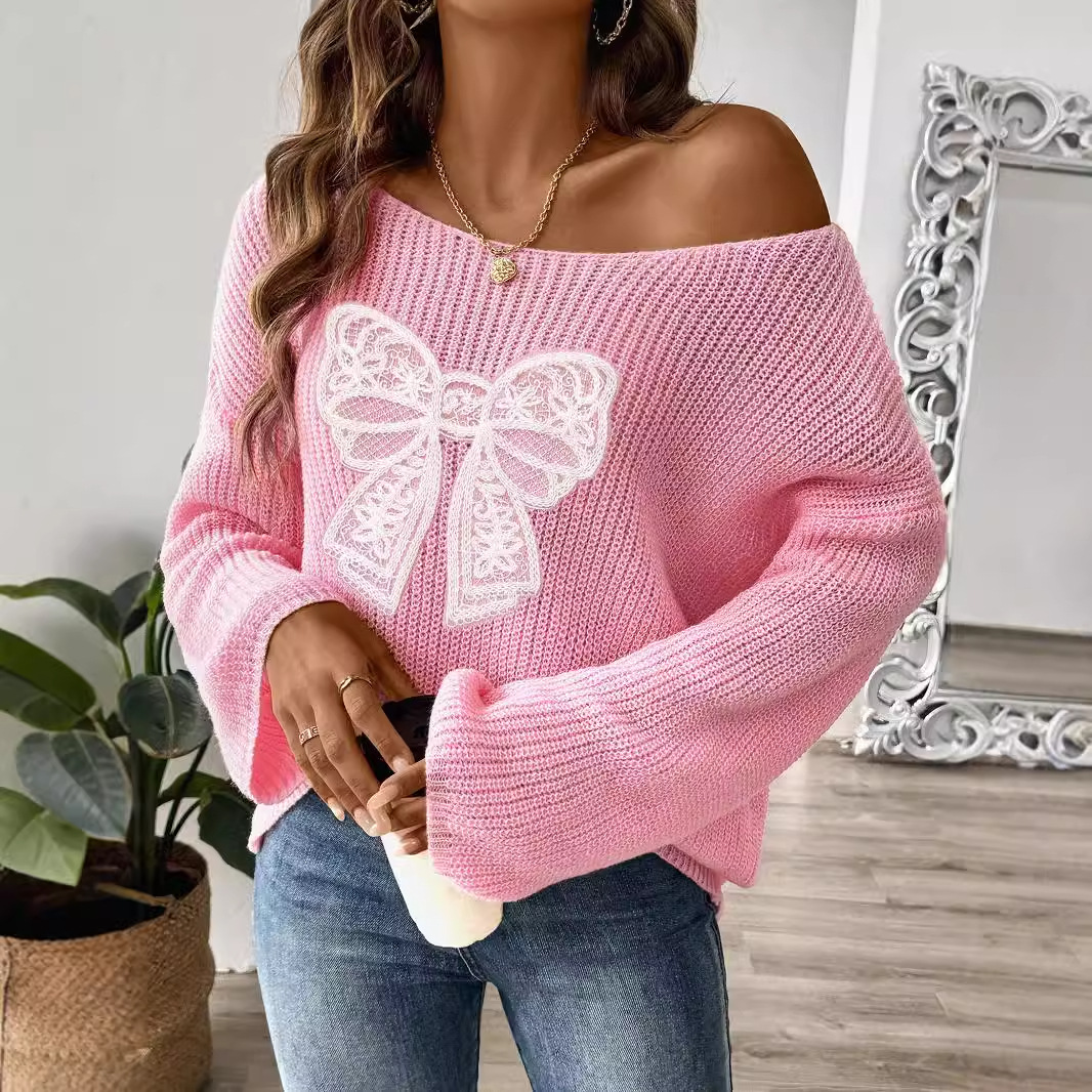 Women's Clothing ladies pullover sweater one shoulder off shoulder trumpet sleeve sweater