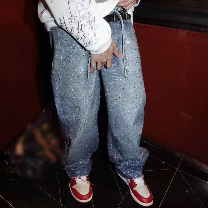 Diamonds Denim Straight Jeans Damen Gürtel Reißverschluss Hohe Taille Weites Bein Fashion Street Hose 2025 Spring Party Washed Pant (Ohne Gürtel)