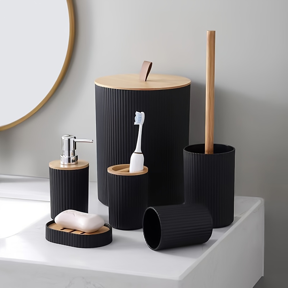 1pc Bathroom Accessories Set, 6 Piece Bathroom Accessory Set With Trash Can, Toothbrush Holder, Lotion Soap Dispenser, Soap Dish, Toilet Brush