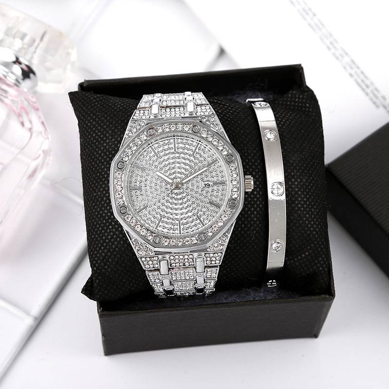 2pcs/set Women's Watch Luxury Rhinestone Quartz Watch Rome Fashion Analog Wrist Watch & Bracelet, Gift For Mom Her