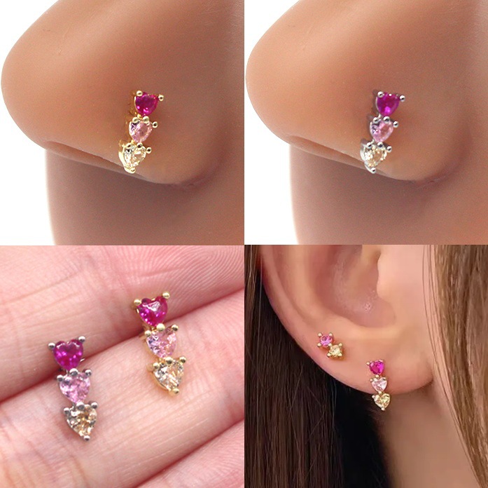 Gaibei European and American cross-border heart-shaped nose nail ear bone nail three-piece heart stud earrings stainless steel nose ring body piercing