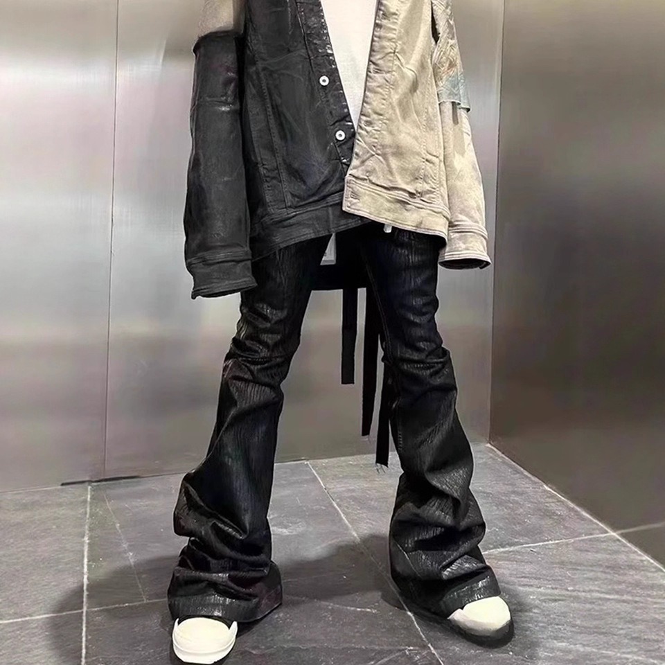 ​​Gothic Waxed Coated Flared Jeans For Men – Y2K Streetwear Stacked Hem Wide-Leg Pants With Ribbon Accents (High Waist, Black, Distressed Finish)​