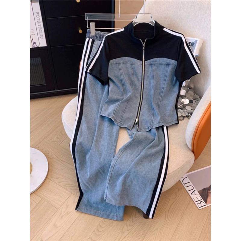 New Women's Contrasting Color Stand Up Collar Zipper Two-piece Top, Wide Leg Pants, Sporty High-end Slimming Two-piece Set