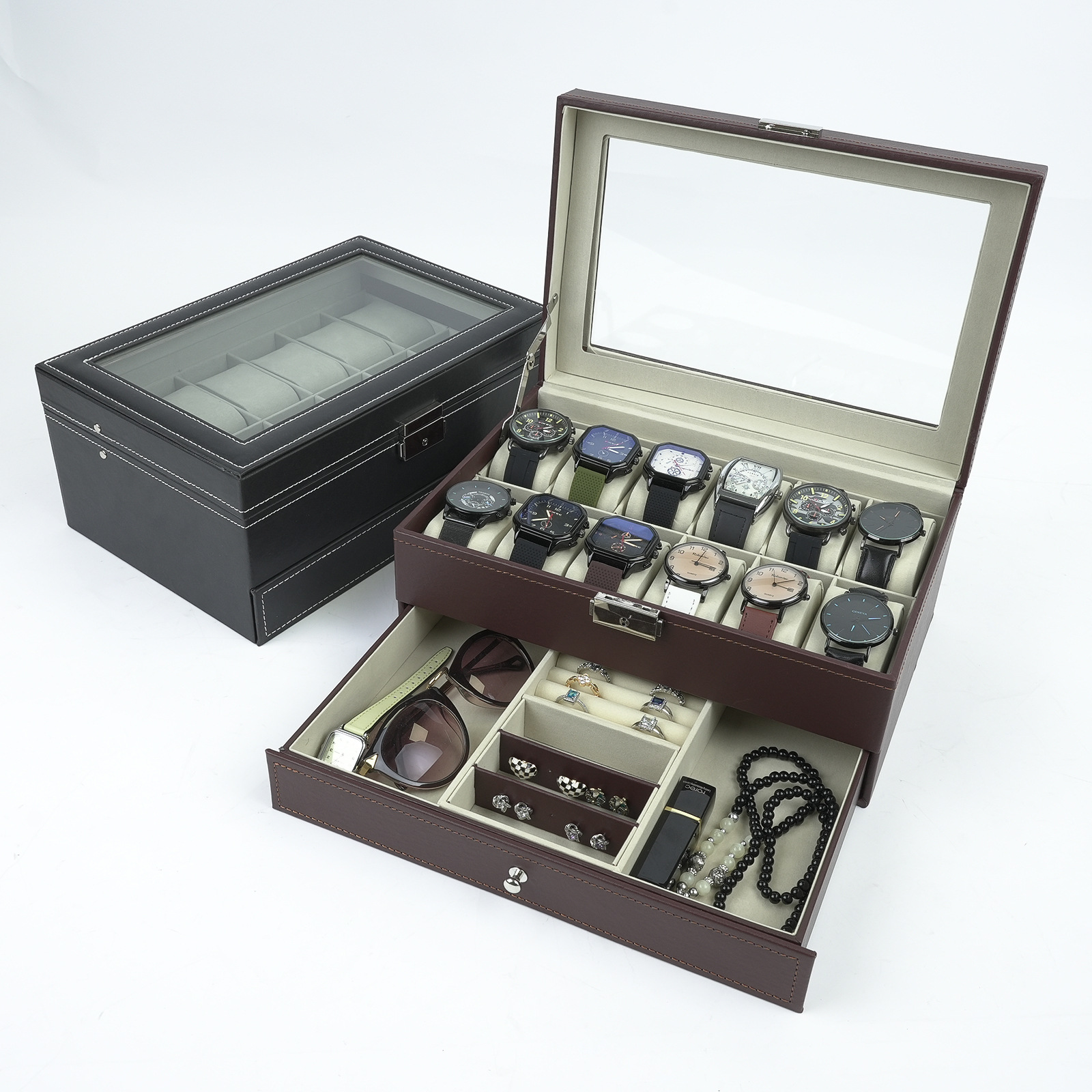 Gold Box Packaging PU Leather Double Layer 12 Compartment Watch Box Jewelry Storage Box High End Multifunctional Jewelry Box