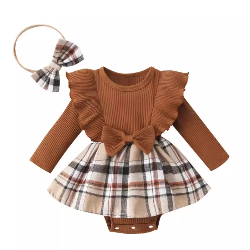 Baby clothing cartoon bear print long sleeve triangle dress + plaid skirt + headband