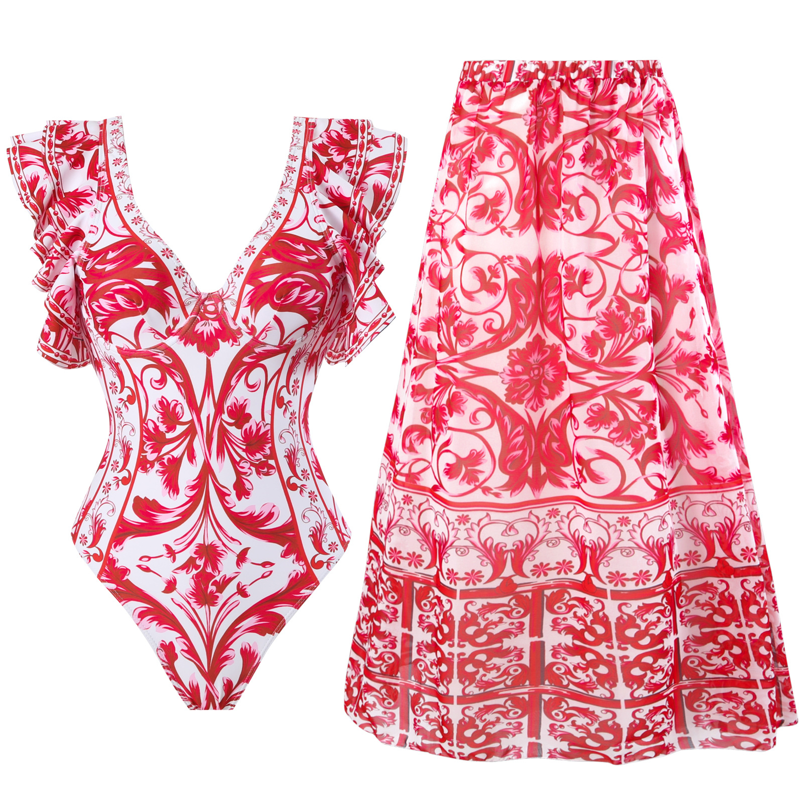 Women's Clothing Sexy One Piece Swimsuit Female Printed Two Piece Chiffon Skirt Swimsuit Suit