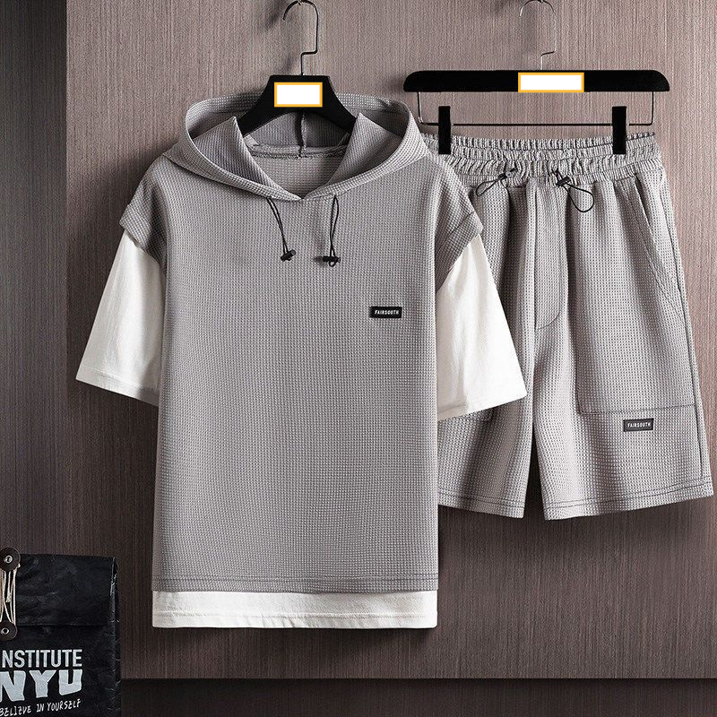 Men's clothing Waffle short-sleeved suit men's two-piece suit brand casual sports two-piece tops men's clothing matching set