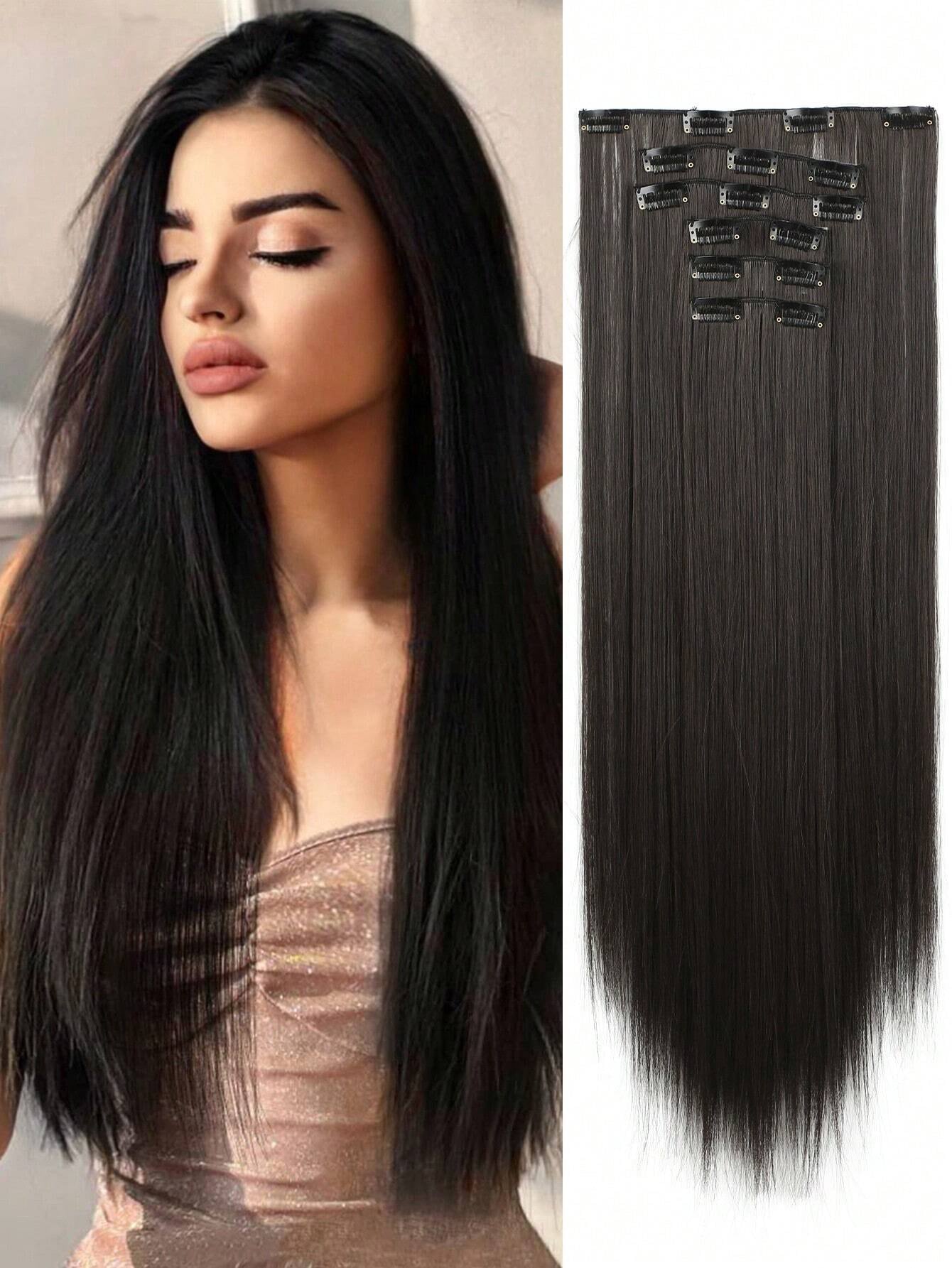 1-piece 6-piece clip style with 16 clips to synthesize a 24 inch extended straight hair extension (deep gold and