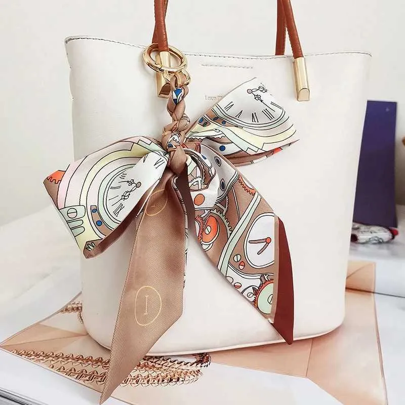 Fashion woven silk scarf womens satin ribbon bow pendant charm bag keyholder keychain accessories Y241121