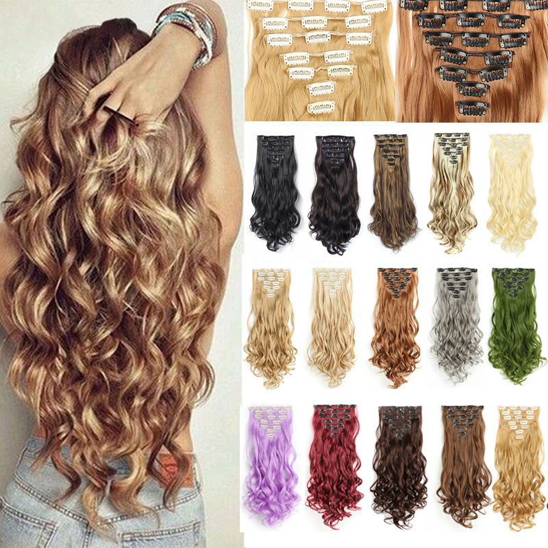 Wig 16 card long curly hair extensions water ripple wool curls seven piece set of chemical fiber wigs