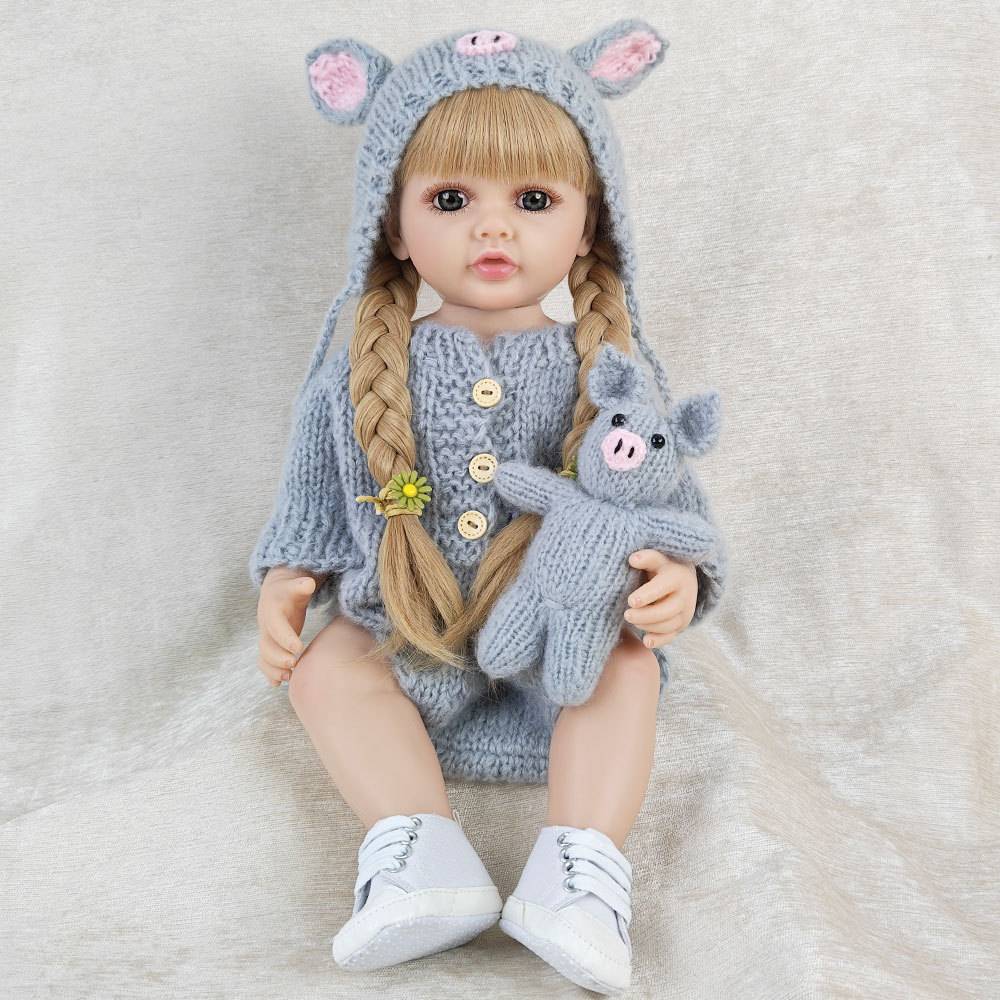 55CM full body soft silicone vinyl Reborn Toddler Girl Little Grey Pig Pretty Princess lifelike Baby Doll Christmas Gift