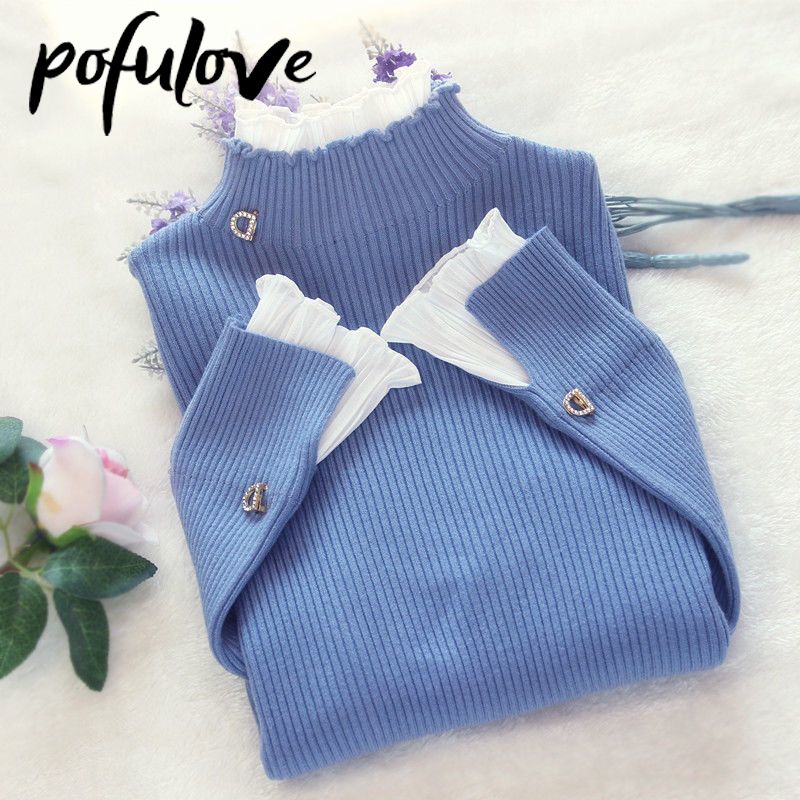 Sweater Women's Turtleneck Lace Ruffle Pullover Women's Trumpet Sleeve Top Solid Color Knitwear Trending Sweater Autumn