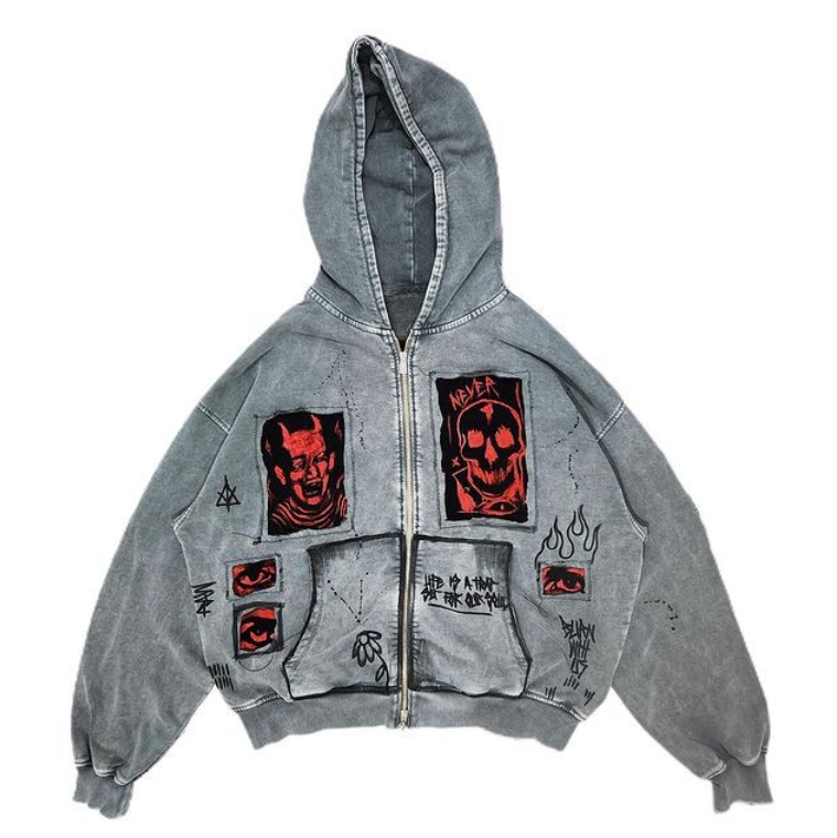 [GraffitiSoul] Unisex Oversized Hoodie - Vintage Demon Patchwork | Y2K Streetwear
