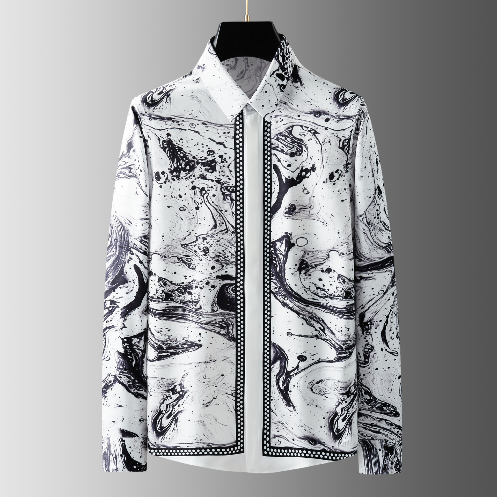 Men's Clothing High end brand ink ripple positioning digital printing men's long sleeved shirt free of ironing vertical wrinkle free shirt