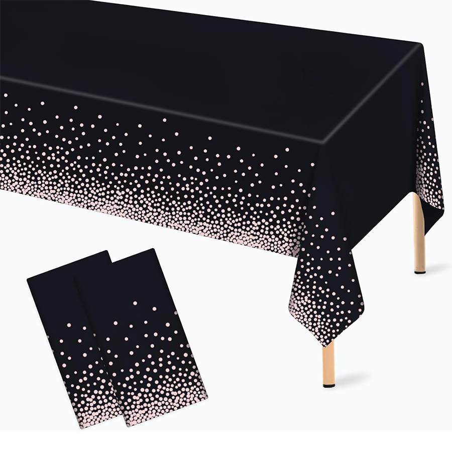 2 piece rose gold polka dot black tablecloth, 54 x 108 inches rose gold confetti plastic tablecloth
