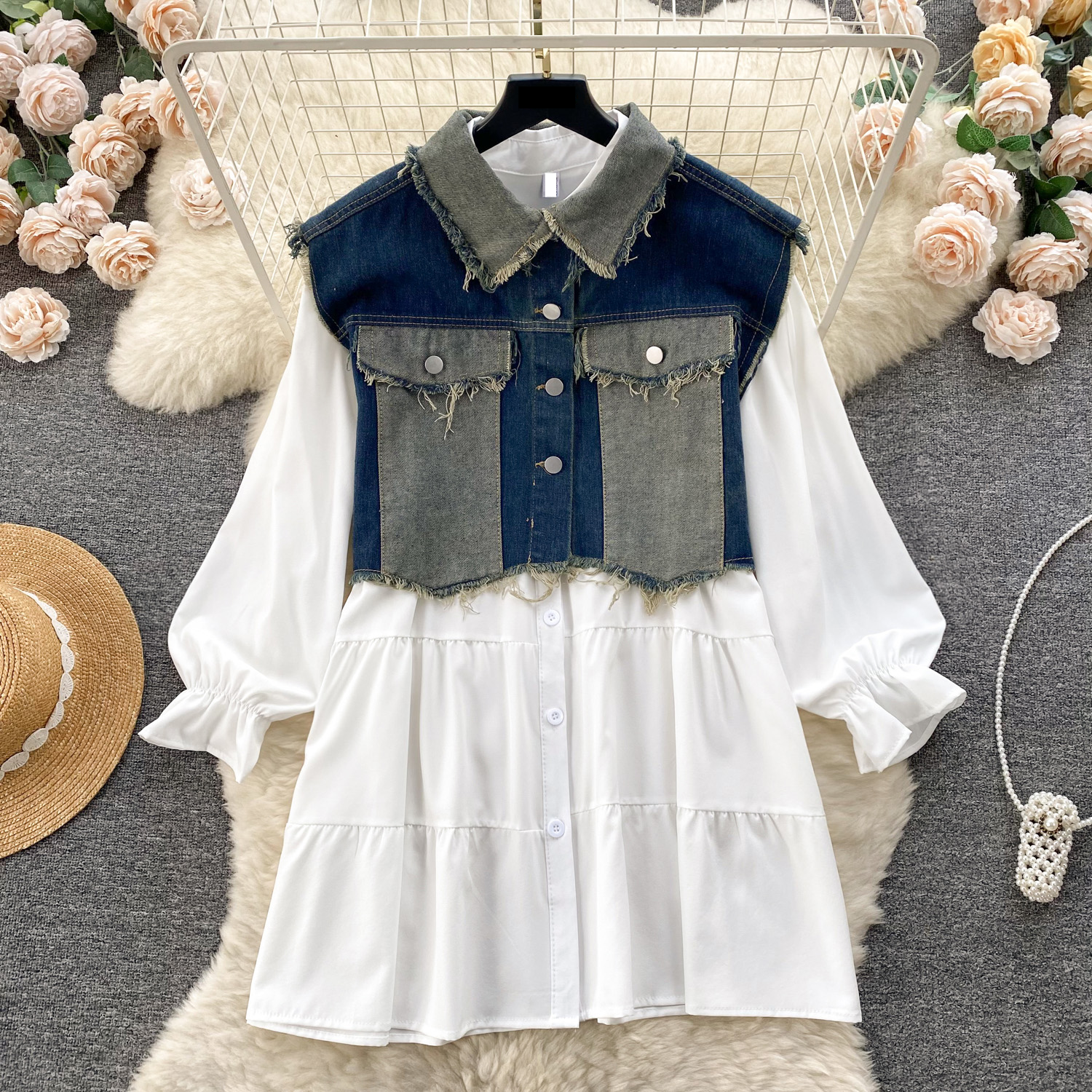 popular two-piece suits, Korean women's clothing, design denim vest jacket, versatile baby doll skirt, fashionable two-piece suits