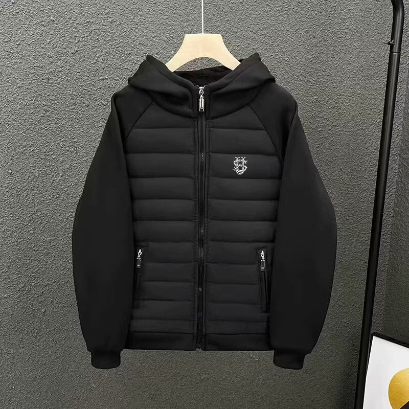 Men's Lightweight Hooded Puffer Jacket With Beaded Print - Oversized Streetwear Coat, All-Season Urban Outerwear