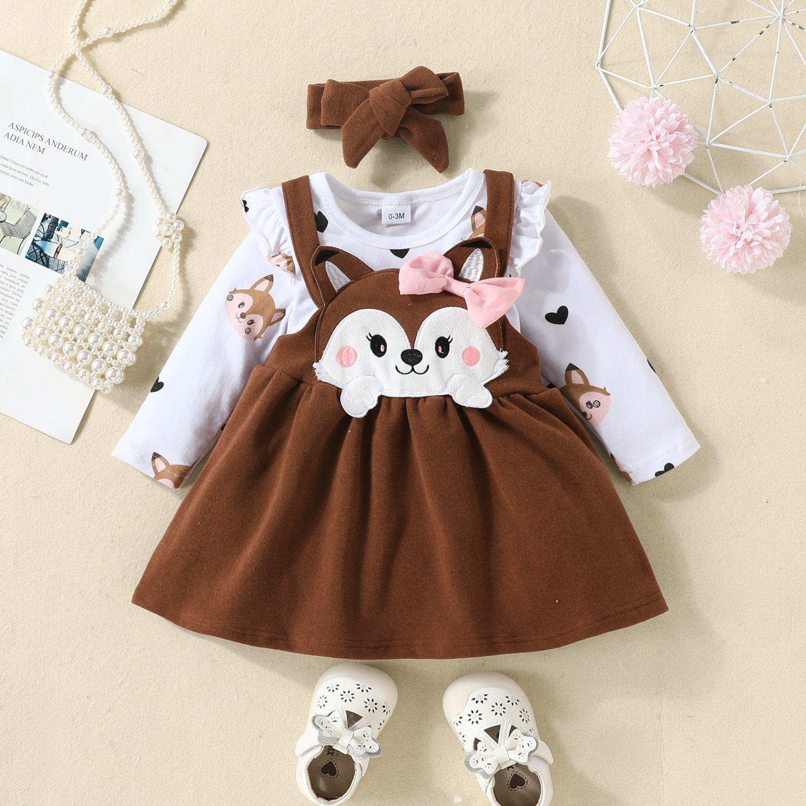 Babies' clothes autumn and winter infants and young children cartoon fox love print long-sleeved romper bow strap dress suit