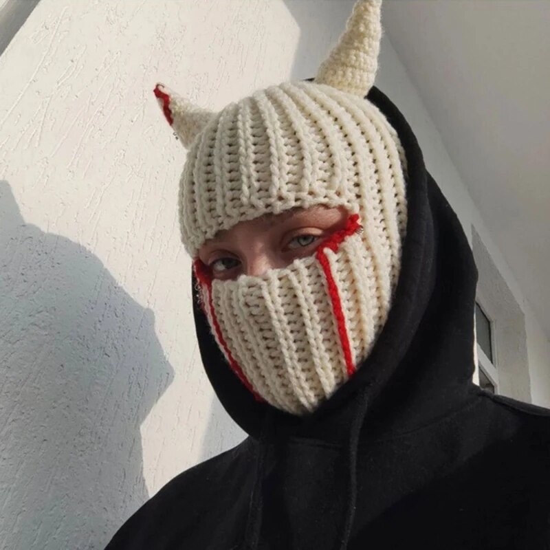 Halloween Funny Horns Knitted Hat Beanies Warm Full Face Cover Ski Mask Hat Windproof Balaclava Hat For Outdoor Sport