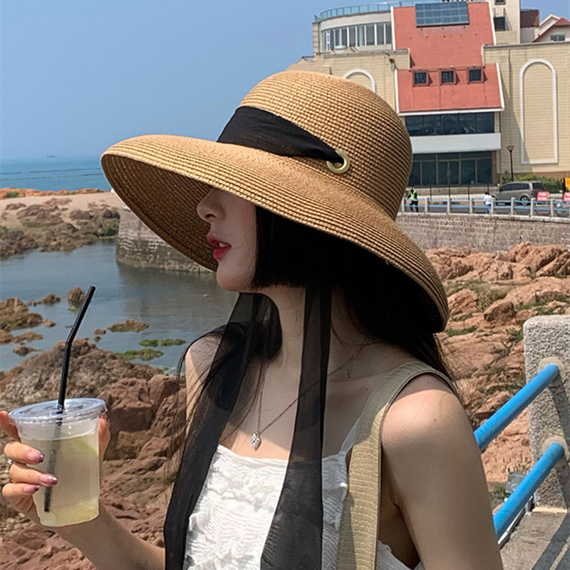 New Arrivals Elegant Long Black Ribbon Straw Hats For Women Foldable Wide Brim Panama Beach Hat Female Fashion Holiday Photo Props