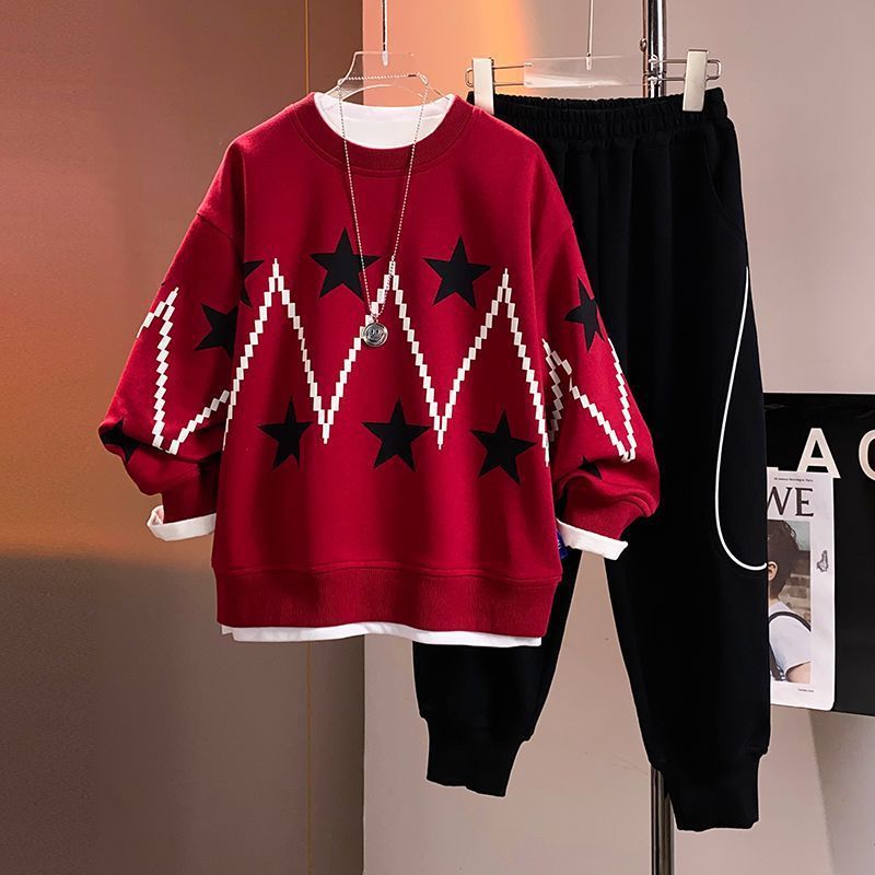 Boys' Autumn And Winter Children's Cashmere Two-piece Hoodie Sweatpants Cuhk Children's Winter Wear Fashion