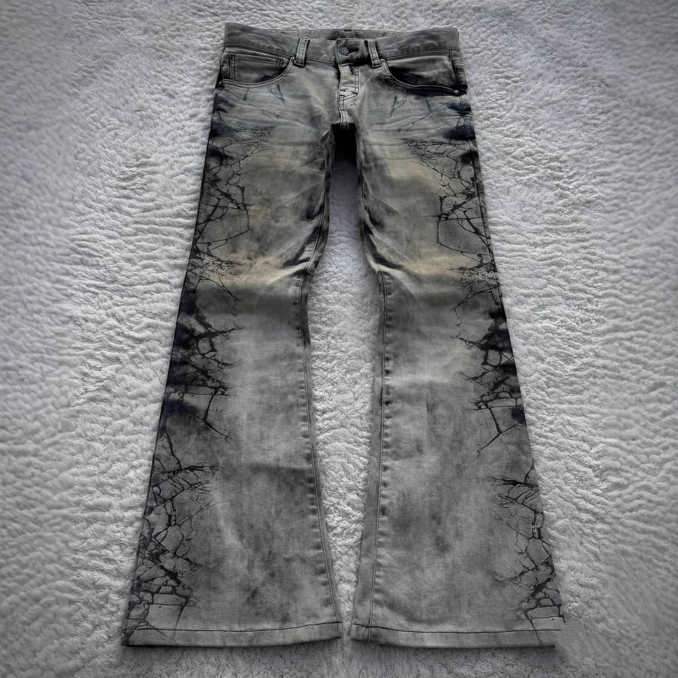 Y2K Vintage Distressed Washed Jeans For Women - High Street Gothic Flared Wide Leg Pants With Embellished Print