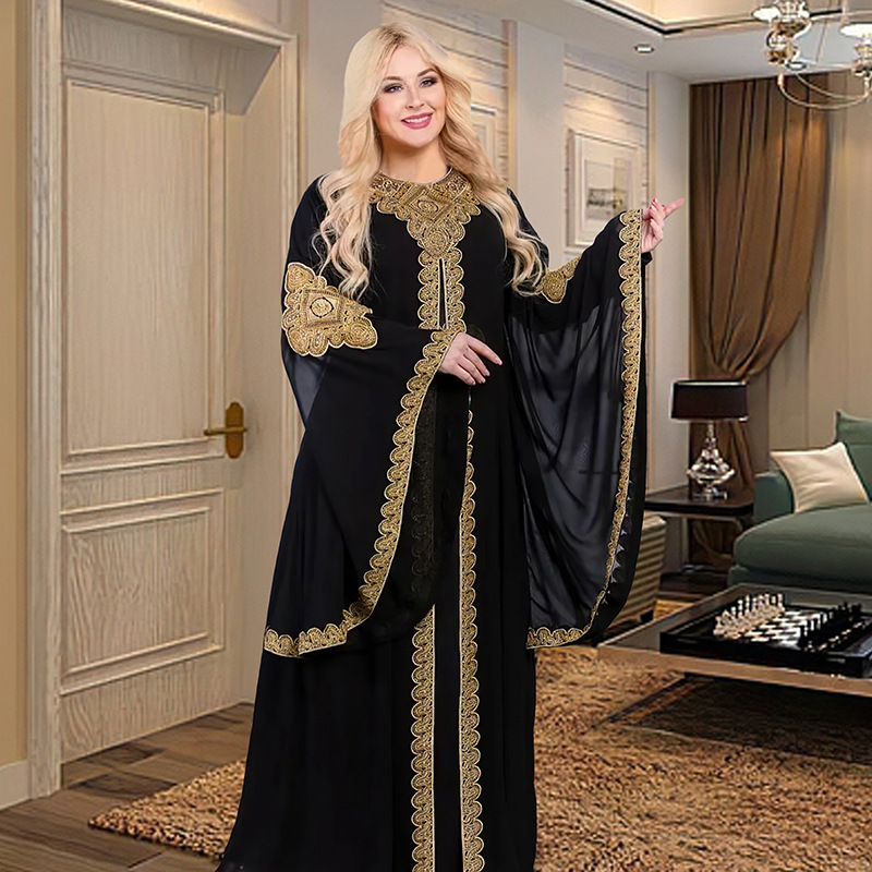 Women's  jalabiya Muslim Middle Eastern Malay trumpet sleeve embroidered robe embroidered gold lace dress 8872