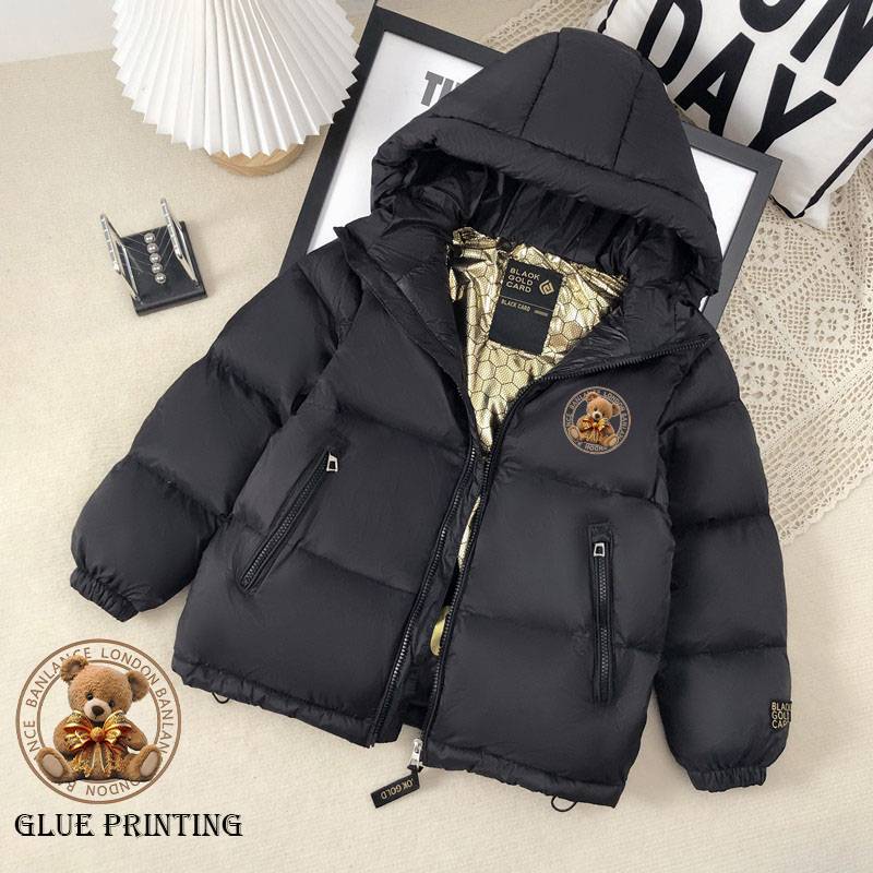 Kids Black Gold Puffer Coat With Bear Design, Thickened Winter Down Jacket