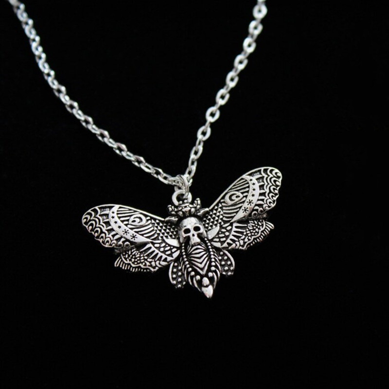 Necklaces Gothic Silver Moth Skull Pendant Necklace