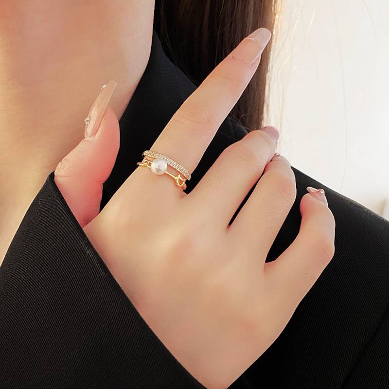 Real gold electroplated zircon letter pearl open ring exquisite light luxury index finger ring temperament high end jewelry