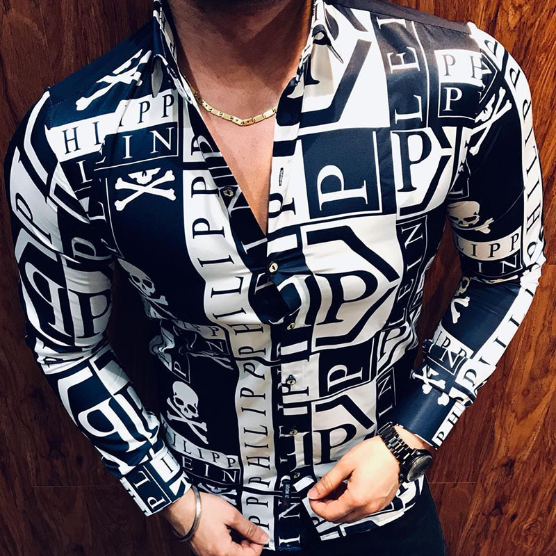 2023 Neues Herrenmode-Trend-Langarm-bedrucktes Slim-Fit-Hemd