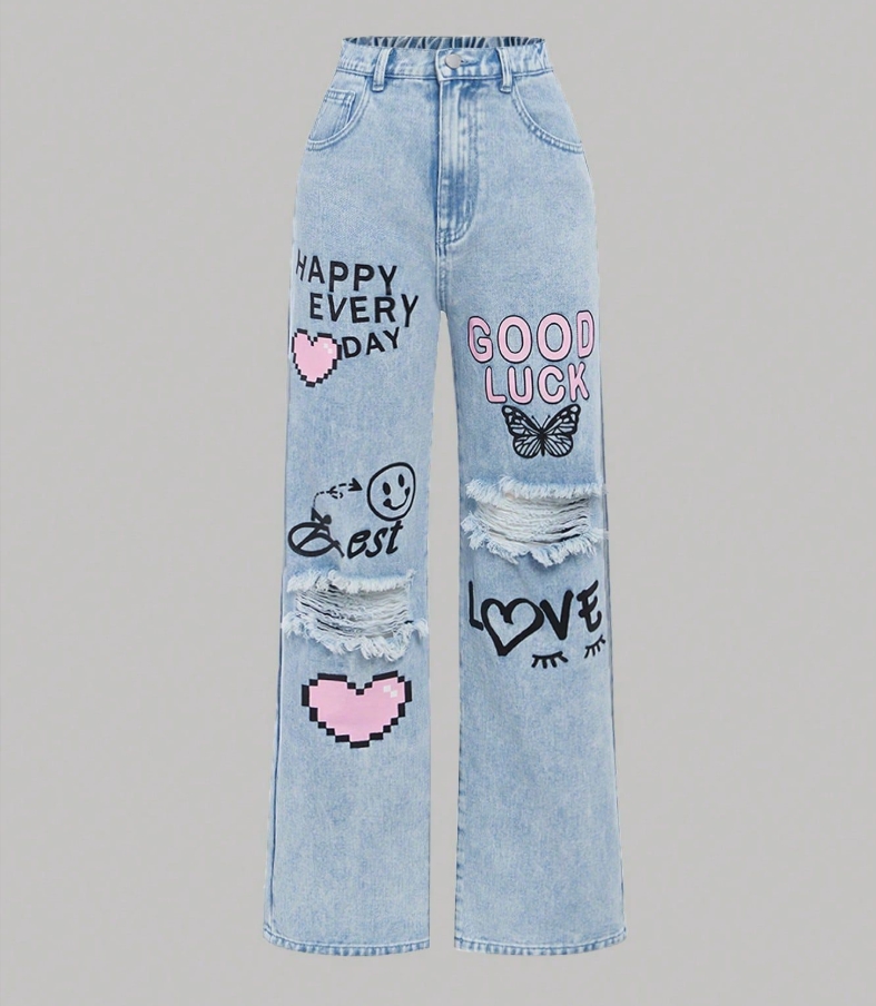 Boys & Girls Wide-Leg Jeans - Artistic Doodle Print | Retro Streetwear Denim Pants