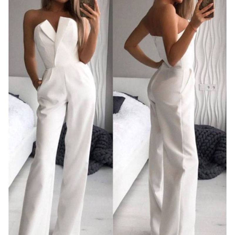 Women's spring and summer solid color splicing slim fit one-piece sleeveless long-sleeved one-shoulder jumpsuit