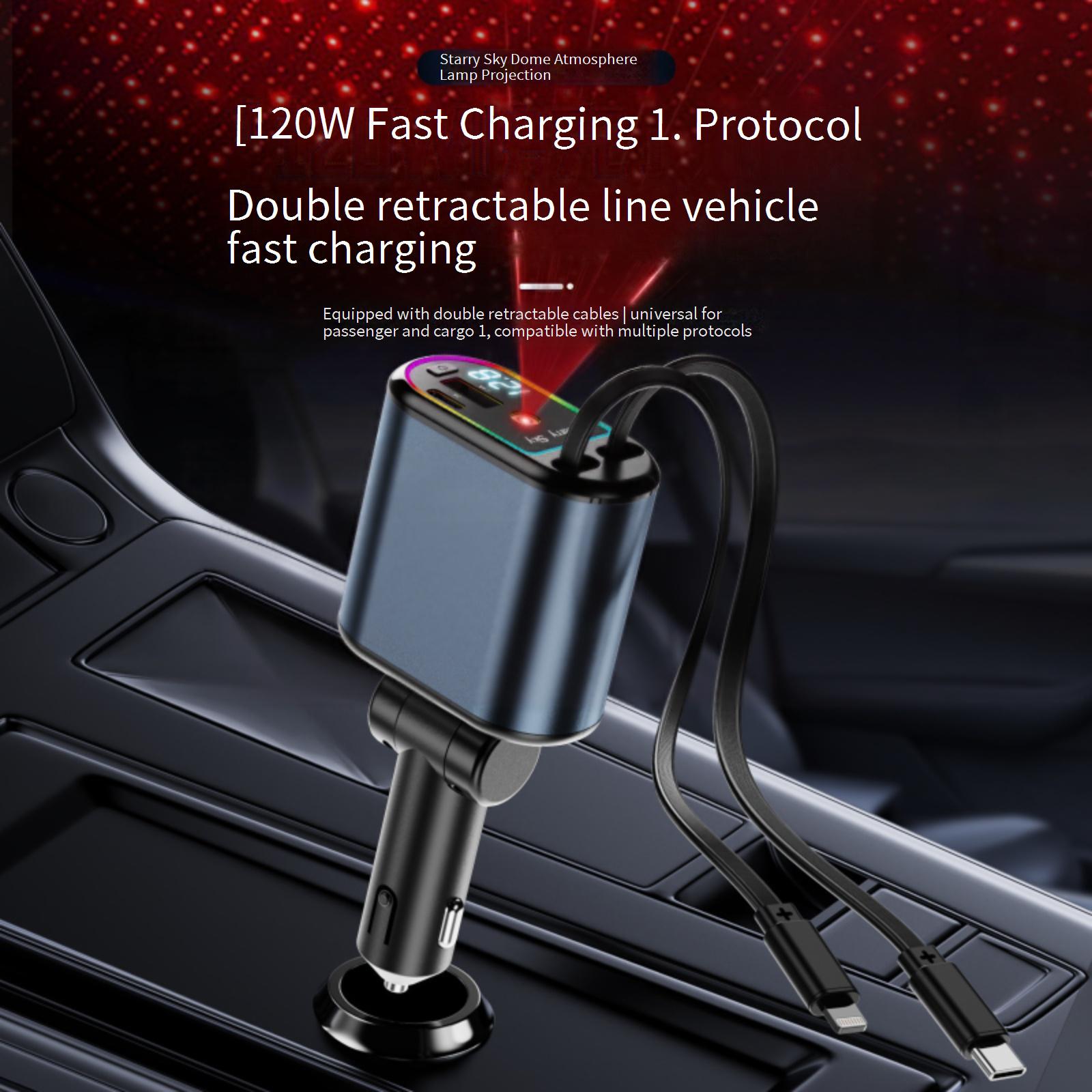 Car Chargers New C9 Starry Sky Top Fast Charging 120W Comes With Retractable Cable Car Charger One To Four Multi Function Digital Display Car Charger