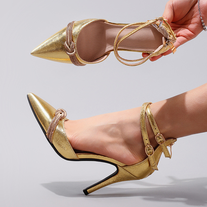 Women's Shoes Women's Knotted Diamond Strip High Heels Hollow Sexy Pointed Elegant Party Gold Super High Heel SandalsGolden Shoes