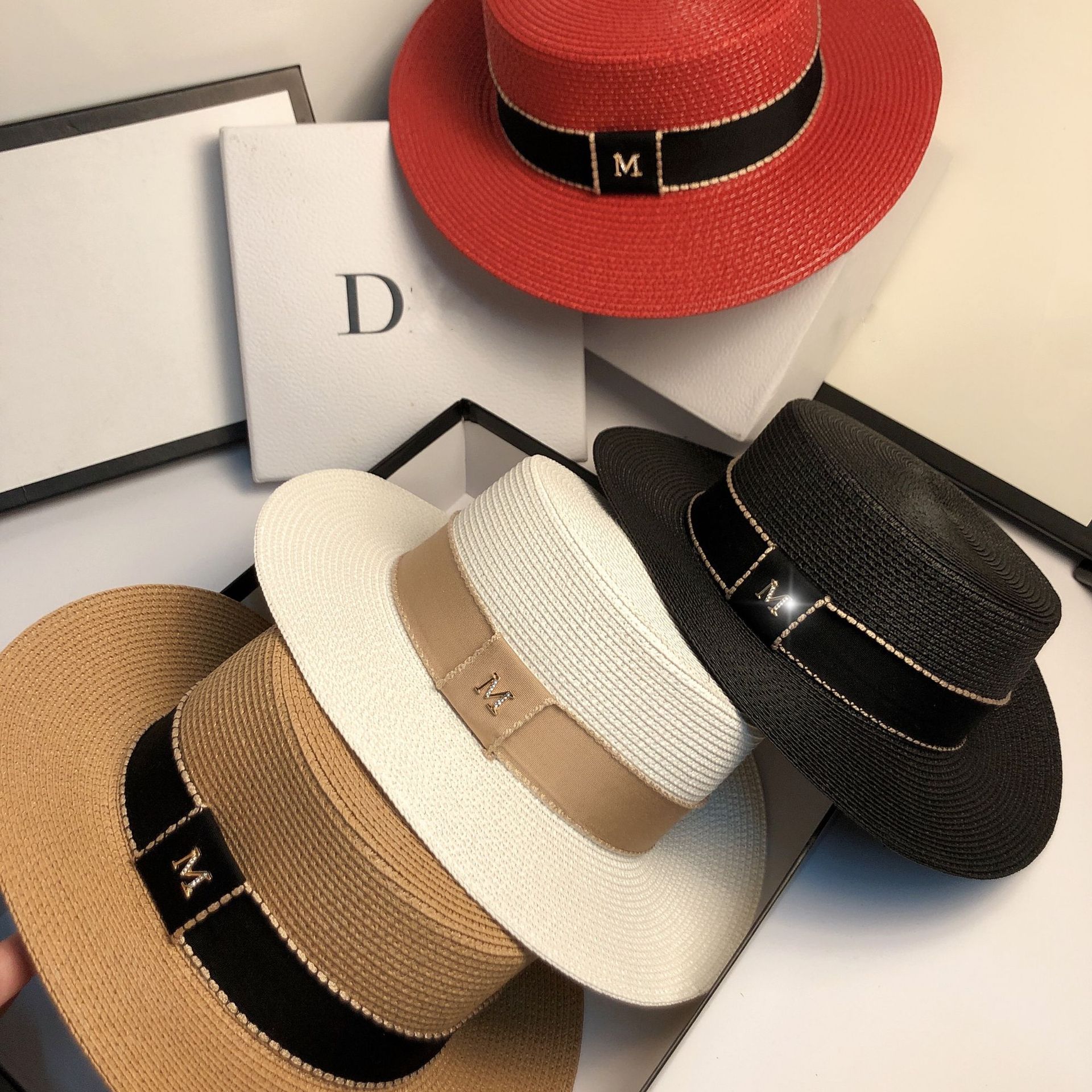 Women's hats summer ribbon M flat top hat fashion straw hat sunshade and sunscreen