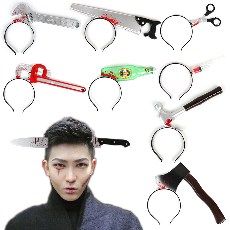 ​Halloween Scary Headband With Fake Knives, Scissors, Wrench, Saw, Axe & Hammer - Funny Prank Accessories For Costume Party​