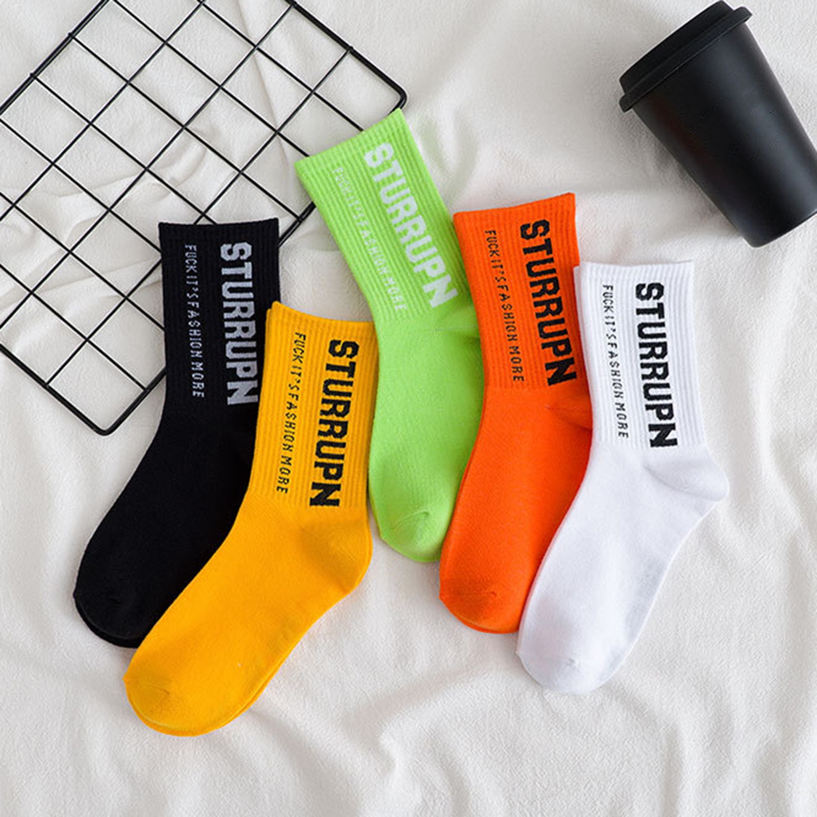 Zhuoxinder 1 Pair Crew Socks Ultra Soft Streetwear All Seasons English Letter Print Casual Mid Tube Cotton Socks Women Clothing-Black One Size