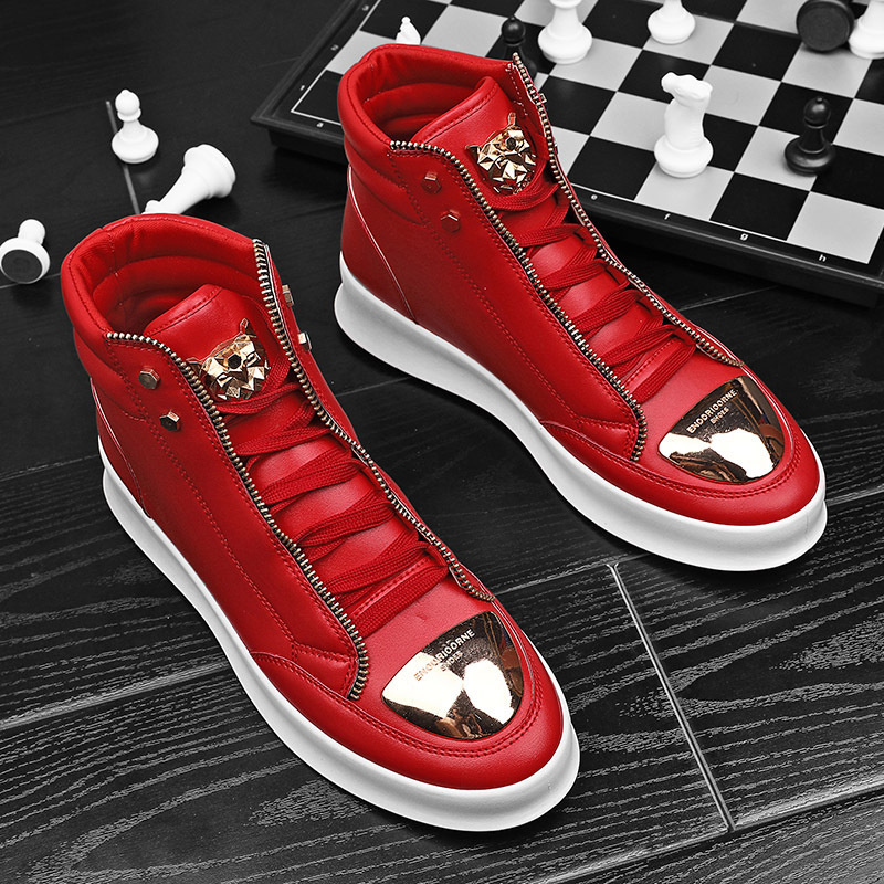 European Men's Shoes Chinese Red Personalized Metal Zipper Sneakers Korean Casual High-top Platform Martin Boots Sneakers