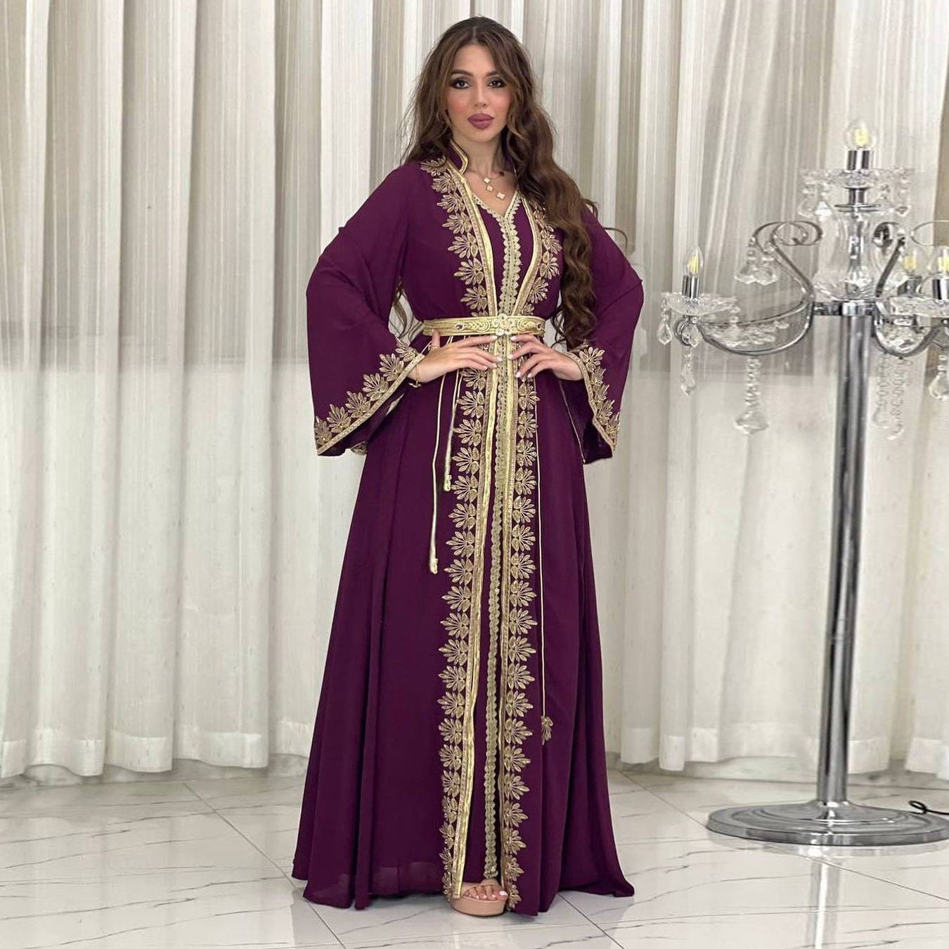 Muslim Robe Fashion Ribbon Gorgeous Banquet Iftar Robe Two-piece Skirt Suit New Style